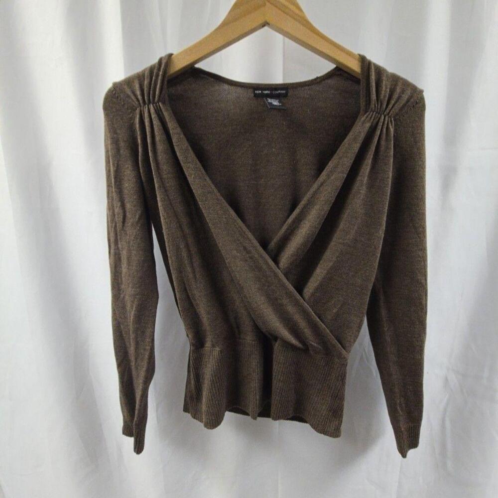 New York & Company Sweater Womens XS Brown Wrap V Neck Long Sleeve Knit Top